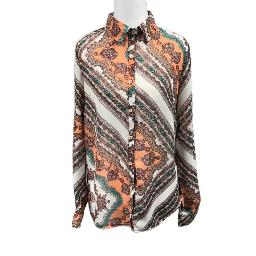 NEW Timing Sheer Boho Western Print Long Sleeve Button Up Shirt Sz S Multicolor